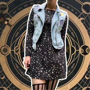 Black Ribbed Thermal Glitter Star Print Long-Sleeve Mini Dress, Size S